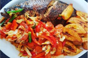 Whole Grilled Tilapia Fish Plantain & Veggie Sauce